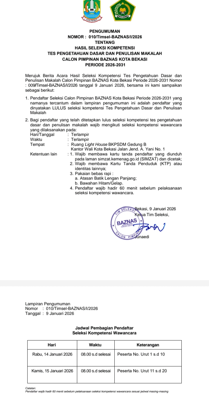 20 Peserta Seleksi Calon Pimpinan Baznas Kota Bekasi Lolos Verifikasi dan Validasi